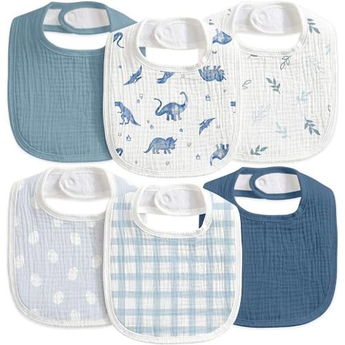 CIVARUA KIDS 6-Pack Muslin Baby Bibs for Drooling & Teething, Absorbent Bib | Soft Cotton Baby Drool Bib for Baby Boy Girl, Easy Adjustable Bibs for Toddlers, Newborn, Infants 0-36 Months Blue Dinosaur