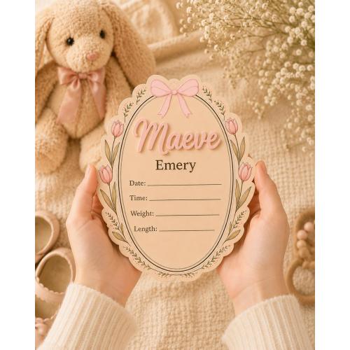 Personalized Baby Birth Stats Sign, Floral Tulip Nursery Name Plaque, Custom Newborn Announcement Board, Baby Girl Keepsake