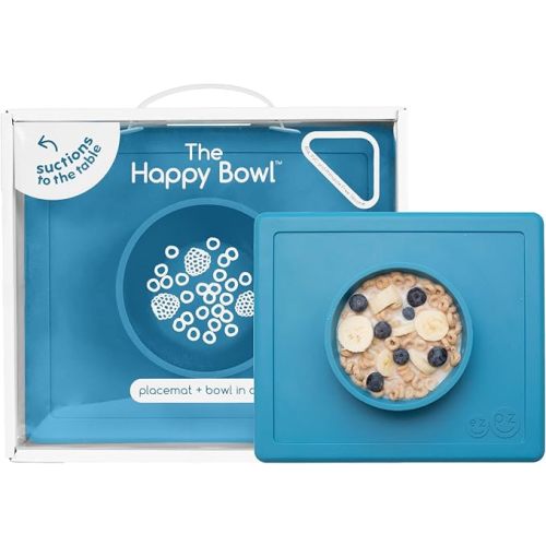 ezpz Happy Bowl - 24 Months + (Blue) - 100% Silicone Suction Bowl with Built-in Placemat – Dishwasher Safe