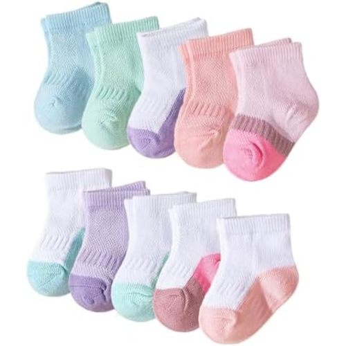 Loohing 10 Pack Newborn Baby Ankle Socks Toddler Eyelet Mesh Thin Low Cut Cute Non Slip Socks for 0-6M,6-12M,1-3T Infant