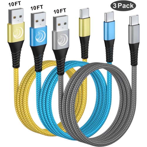 Aioneus USB C Cable 10FT 3Pack, Braided Type C Charger Cord 3A Fast Charging for Samsung Galaxy, Multicolor