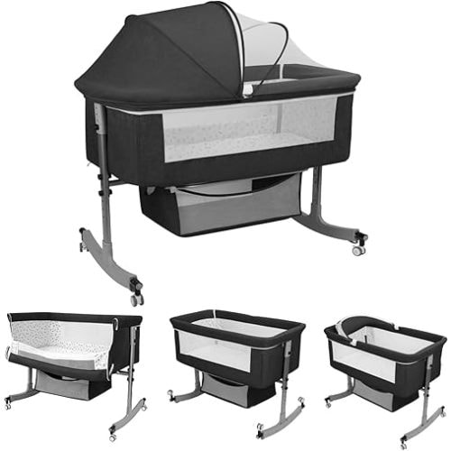 ehozirta Baby Bassinet Bedside Sleeper, 3-in-1 Rocking Bassinet with Wheels & 6 Levels Adjustable Height – Portable Newborn Crib with Storage Basket, Mattress, Canopy, Black