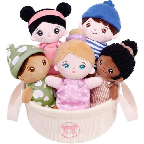 OUOZZZ Soft Baby Dolls, Set of 5 Multicultural 7.5" Plush Dolls in Basket