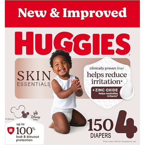 Huggies Size 4 Diapers, Skin Essentials Baby Diapers, Size 4 (22-37 lbs), 150 Count (6 Packs of 25), Packaging May Vary