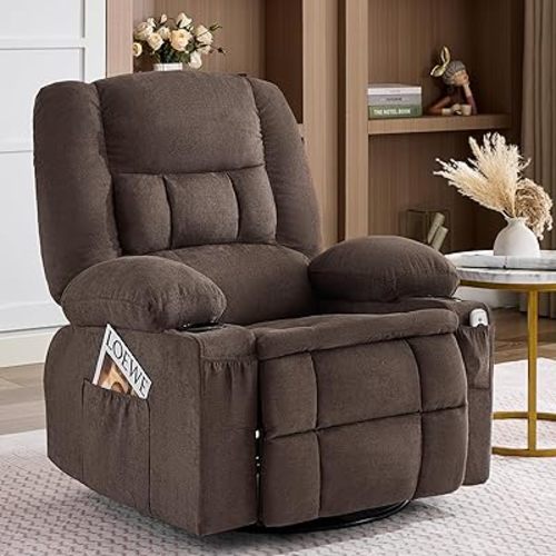 Oversized Swivel Rocker Recliner Chair with Massage&Heat,Ergonomic Comfy Relining Chair with Cup Holder,USB Charge Port,Side Pocket,Comfortable Arm,Nursery Rocking Chairs for Living Room,Bedroom,Brown
