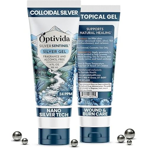 Optivida Colloidal Silver Gel For Wound Care, Natural Topical Skin Healing | Nano-Silver Topical Gel For Wounds, Burns, Rashes, Skin Irritations, Unscented (4 Oz.)