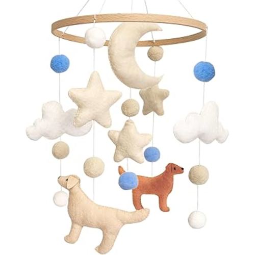 Dog Baby Mobile, Mobile for Crib, Crib Mobile for Boys and Girls, Nursery Mobile for Bassinet, Pack and Play, Dog, Moon, Cloud, Star, Blue Felt Ball