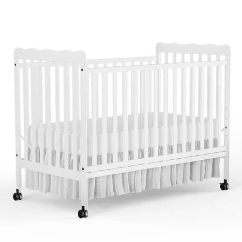 Baby Convertible Crib 3 In 1, Converts from Baby Crib to Toddler Bed, New Zealand Pinewood Baby Bed with Locking Wheels and Teething Rail, Crib with 4 Height Adjustment and Non Toxic Finish, White