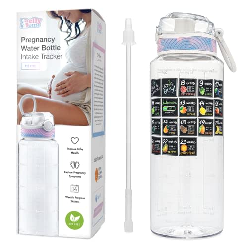 BellyBottle Pregnancy Water Bottle Tracker Pregnancy Must Haves First Trimester Pregnant Gifts for Expecting Mom Essentials Nausea Relief Weekly Stickers + Straw + BPA Free Tidye