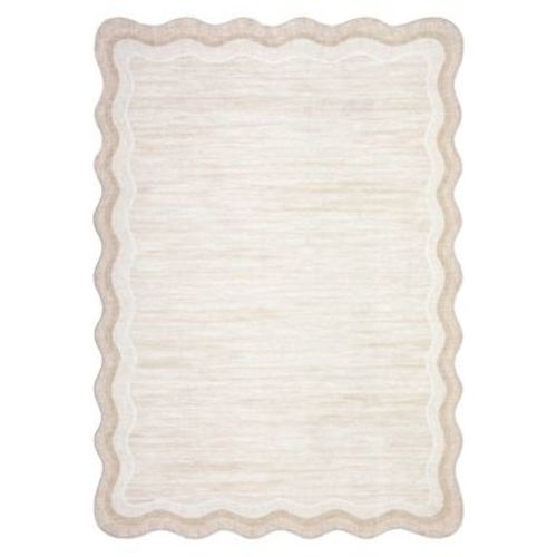 8'x10' Washable Scalloped Rugs for Living Room Bedroom, Modern Solid Non Slip Home Decor Rugs for Nursery Kids Room Dining Room, Beige