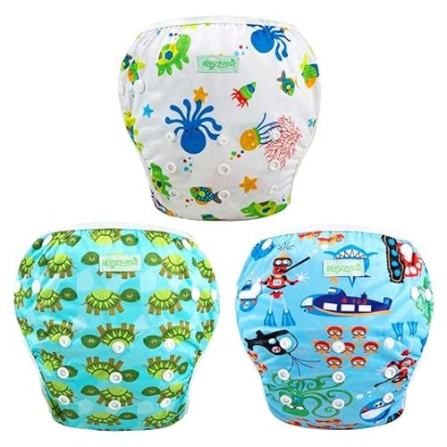 wegreeco Reusable Swim Diapers,Baby & Toddler Snap One Size Adjustable Reusable Baby Swim Diaper (Diving,Ocean,Turtle,Small,3 Pack)