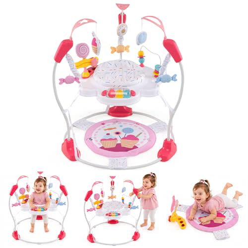 HONEY JOY Baby Bouncer Activity Center, Infant Jumper and Table w/ 360° Rotary Seat, 3 Adjustable Heights, Mat, Music, Lights, Sounds & Developmental Toys, Activity Center for Babies (Pink)