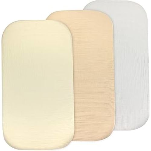 3-Pack Bedside Sleeper Bassinet Sheets | GOTS Certified Organic 100% Muslin Cotton | Ultra Soft & Breathable | 33×20×4” Fitted Sheets | Universal Fit 29–33” x 17–21” Pads
