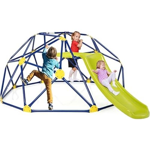 Costzon Climbing Dome with Slide for Kids, 8FT Kids Jungle Gym Monkey Bar Climbing Toys for Outdoor, 2 in 1 Indoor Geometric Dome Climber Playground Set for 3-8 Boys Girls Toddlers Backyard Gifts