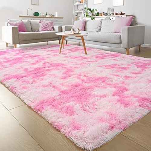 Keeko Fluffy Rainbow Area Rugs for Girls Room 6x9, Shag Colorful Bedroom Bedside Rug Soft Cute Princess Rug Fuzzy Large Carpet for Kids Teen Girl Boy Toddler Nursery Living Room Dorm Decor Pink