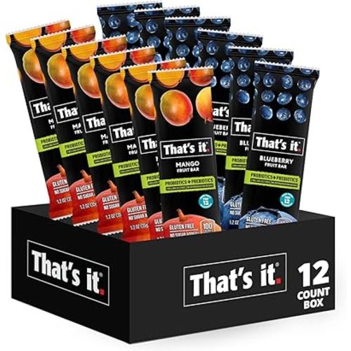 That's it. Probiotic Fruit Bar Variety Pack, Mango & Blueberry Flavors, Just Real Fruit + Probiotics, 100 Calories Per Bar, All Natural, 2-3 Ingredients, Shelf Stable, Allergy-Friendly (12 Count)