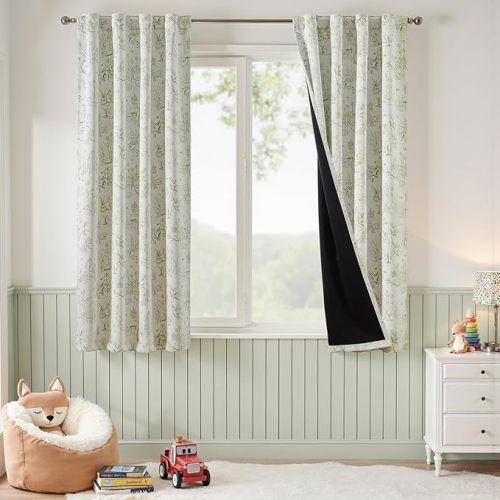 jinchan Blackout Nursery Curtains 72 Inches Long, Bunny Woodland Toile Curtains Sage Green on Beige Animal Printed Drapes for Bedroom Rod Pocket Thermal Insulated Farmhouse Window Treatment 2 Panels