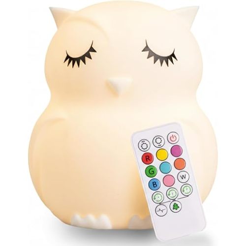 Lumipets Remote Control Silicone Night Light for Kids - Owl Design with 9 Soft Colors & Sleep Timer - Rechargeable, Battery-Operated Lamp for Bedroom | Baby Nursery, Toddler, Girls, Boys