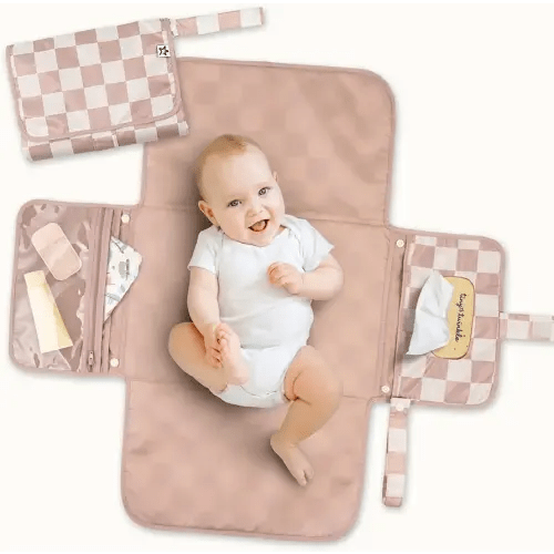Tiny Twinkle Portable Diaper Changing Pad | Waterproof, Wipeable & Compact Baby Changing Pad for Travel | Smart Wipes Pocket & Organized Storage| Newborn Shower Gift (Beige Checkers)