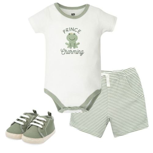 Hudson Baby Boy Cotton Bodysuit, Shorts and Shoe Set, Prince Frog, 9-12 Months