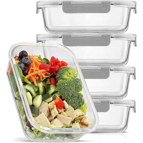 JoyJolt Glass Food Storage Containers with Lids. 5 Pack Glass Meal Prep Containers Reusable 35oz Single Compartment Airtight Container Set. Lunch Containers for Adults and Kitchen Storage Containers