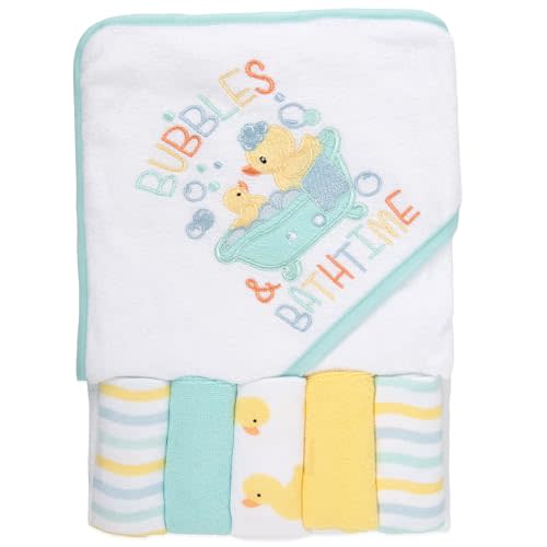 Baby Hooded Bath Towel and Washcloth Set for Babies 6-12 Months (Yellow Duck – Unisex)