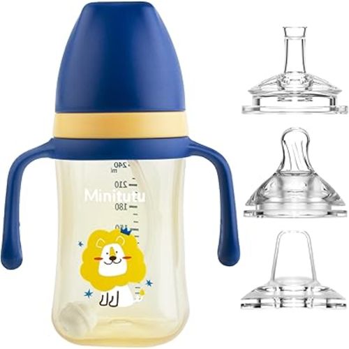 Qshare Sippy Cups For Toddlers, Weighted Straw Learner Cup with Handle for Babies, Water Bottle for Baby 6 Months with 3 Type of Spout, 8 Ounce (Yellow)
