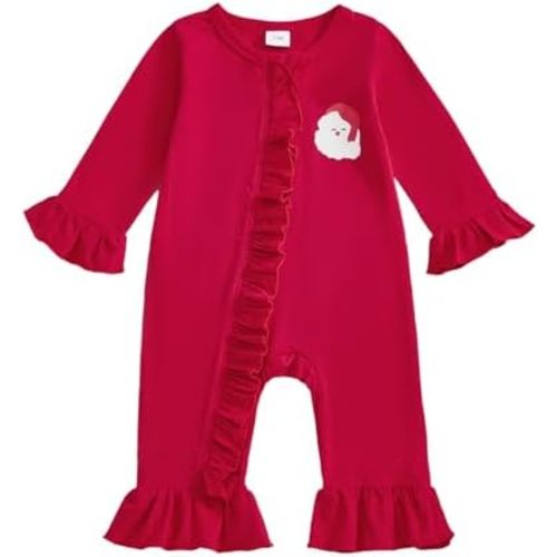 Lamuusaa Newborn Baby Girl Christmas Outfit Ruffle Santa Claus Romper Zipper Bodysuit One Piece Jumpsuit Flared Pants 0-12M