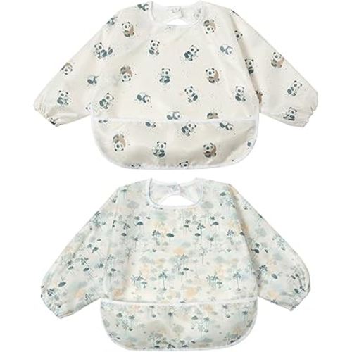 Little Dimsum Mess-Proof Baby Bibs|Infant Toddler Long Sleeve Waterproof Feeding Art Smock|Catching Food & Wipe Clean| Pack of 2 Colors