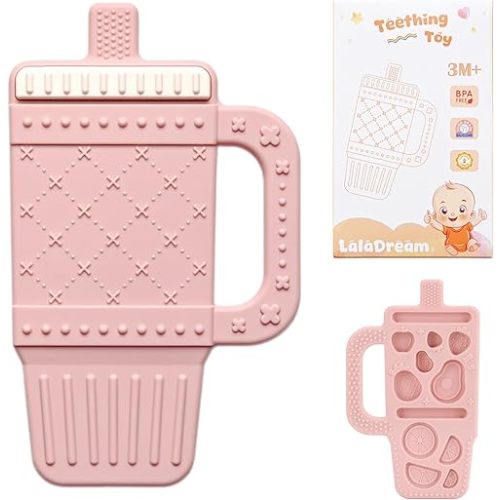 Baby Teething Toy Silicone Baby Teether for 3 6 12 18 Months Infant Tumbler Cup Shape Babies Teething Relief with Handle Toddler Chew Toys Food Grade BPA Free Teether Toys for Boys Girls Carol Pink