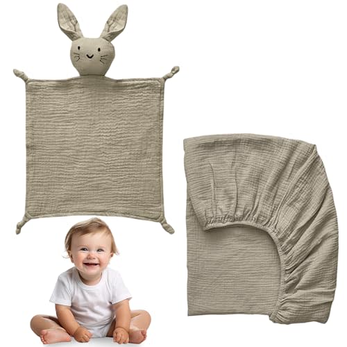 100% Cotton Muslin Crib Bedding Set – Beige Fitted Crib Sheet & Security Baby Blanket | Newborn Essentials, Baby Bed, Baby Boy/Baby Girl Toys, Toddler Essentials, Baby Registry