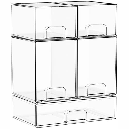 Yieach 5 Set Clear Stackable Storage Drawers and Acrylic Drawer Organizer,BPA Free Baby Bottle Organizer for Countertop and Bottle Station Organizer for Breast Pump Parts,Pacifier and Baby Accessories