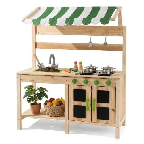 OLAKIDS Mud Kitchen, Outdoor Toys Play Kitchen with Awning Faucet Stoves Removable Sink Cooking Accessories Wooden Kids Kitchen Playset Backyard Garden Toys Gift for Boys Girls Ages 3+