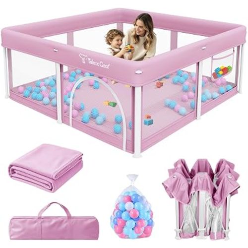 TOREVSIOR Foldable Baby Playpen with Mat, 50"×50" Collapsible Playpen for Babies and Toddlers, Indoor & Outdoor Kids Safety Play Pen, Portable Play Yard, Foldable Baby Play Pen with 50 Ocean Balls