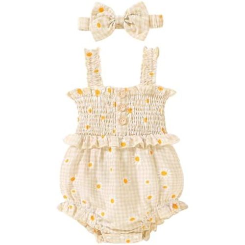 Tiny Cutey Baby Girl Romper Denim/Plaid/Stripe Newborn Infant Sleeveless Jumpsuit 0-3M/3-6M/6-12M/12-18M With Headband