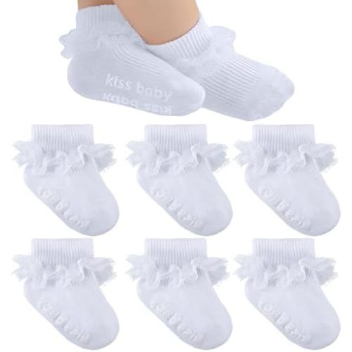 Baby Girl Ruffle Socks with Grips Turn Cuff Ankle Lace Frilly Dress Socks for Newborn/Infant/Toddler/Little Kids