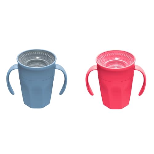 Dr. Brown's Milestones Cheers 360 Spoutless Transition Cup with Handles, Travel Friendly and Leak Free Sippy for Babies and Toddlers, Blue and Pink, BPA-Free, 7 oz/200 mL, 6m+