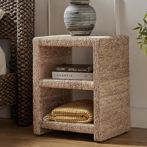 HULALA HOME Rattan Nightstand with Two Open Shelves, Seagrass Side Table Coastal Style, End Tables Natural