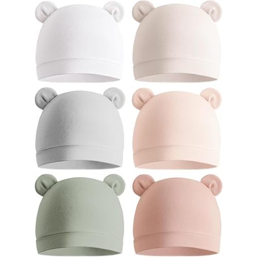 Konssy 6-Pack Baby Newborn Hats with Bear Ears Baby Beanie Hats - Soft Caps for Infant Boys & Girls, 0-3 Months