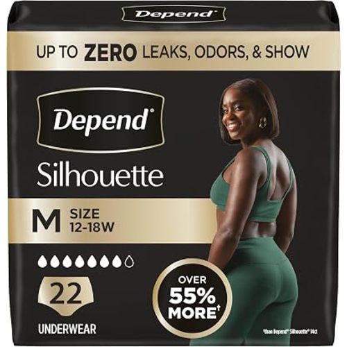 Depend Silhouette Adult Diapers, Incontinence & Postpartum Bladder Leak Underwear for Women, Maximum Absorbency, Medium, Pink, 22 Count, Packaging May Vary
