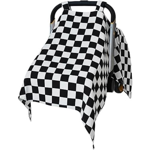 Muslin Car Seat Cover for Babies - Black & White Plaid Infant Carrier Canopy, Soft & Breathable Baby Carseat Cover, Lightweight Sunshade for Summer, Universal Fit for Boys & Girls