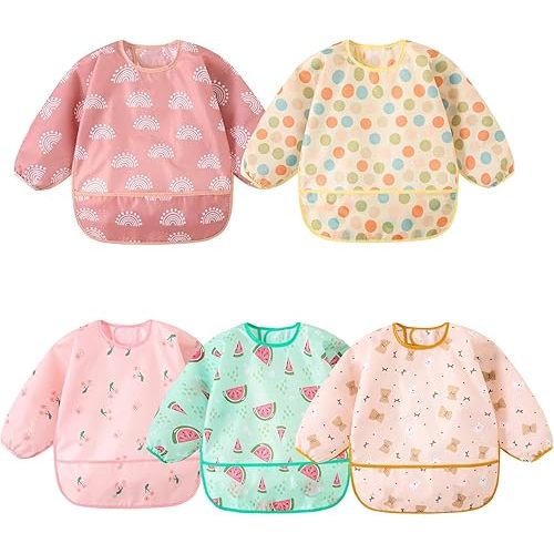 Long Sleeved Bibs,5 PCS Waterproof Wearable Bibs with Sleeves,Baby Feeding Smock 6-30 Months