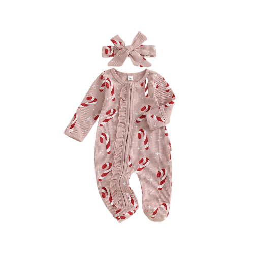 Txlixc Infant Toddler Girls Clothes Baby Girl Christmas Oblique Zipper Romper Long Sleeve O Neck Candy Cane/Gingerbread Print Jumpsuit with Headband