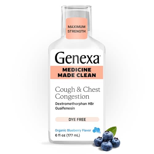 Genexa Clean Cough & Chest Congestion Relief, Dye Free, 0% Artificial Additives, Multi-Symptom Maximum Strength Relief Cough Syrup, Cough Suppressant & Expectorant, Organic Blueberry Flavor, 6 fl oz