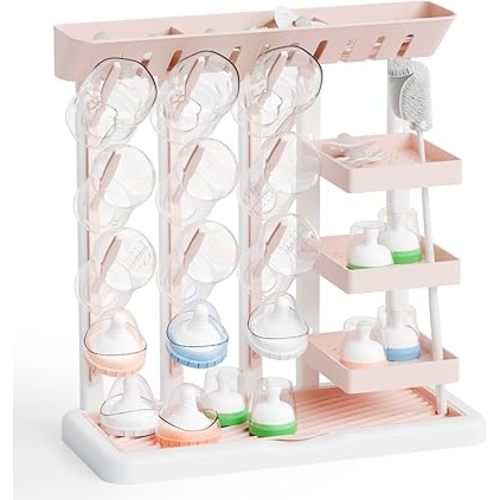 Yieach Larger Baby Bottles Drying Rack for 20 Bottles,Space Saving Feeding Drying Rack for Baby Bottles for Countertop,Vertical Baby Bottle Holder & Storage Station for Pacifiers,Breast Pump,Pink