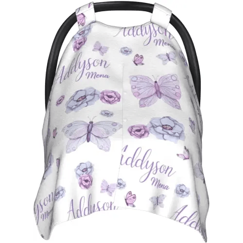 Personalized Baby Car Seat Canopy for Babies, Custom Name Purple Butterfly Baby Car Seat Covers for Girls, Opening Minky Nursing Breastfeeding Cover for Infant, Carseat Canopies for Newborn