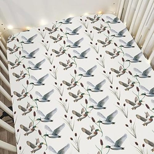 Hunting Mallards Ducks Baby Crib Sheets Boy Girl 52x28Inch Wild Duck Pond Lake Soft Stretchy Fitted Crib Mattress Covers Flying Mallards Waterfowl Baby Sheet for Standard Crib & Toddler Mattress Pad