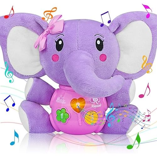 Aitbay Plush Elephant Music Baby Toys 0 3 6 9 12 Months, Cute Stuffed Aminal Light Up Baby Toys Newborn Baby Musical Toys for Infant Babies Boys & Girls Toddlers 0 to 36 Months (Purple)