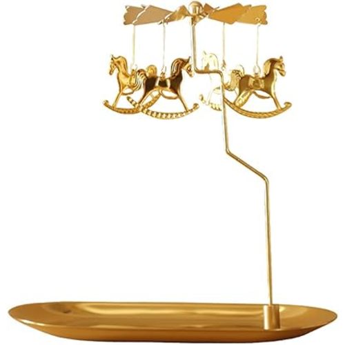 Creahaus Spinning Candle Holder with Tray, Glod Carousel Candle Spinner, Rotating Metal Tea Light Candle Holder for Table Centerpiece, Christmas, Valentine's Day, Party Decor, Gift (Gold Carousel)