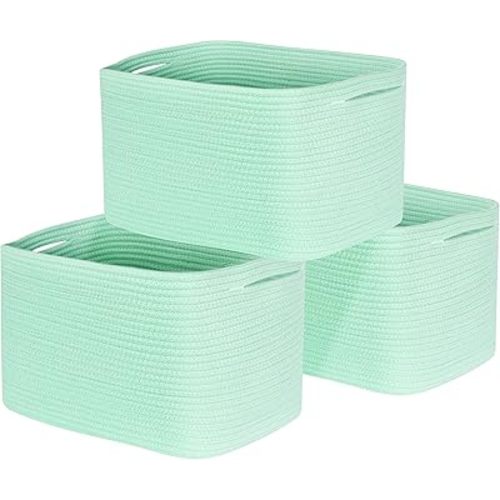 MINTWOOD Design 3-Pack Decorative Woven Storage Baskets for Shelves, Cube Bin Box for Organizing Books, Shoes, Dog Toys, Pantry Closet and Living Room Organizer, Mint